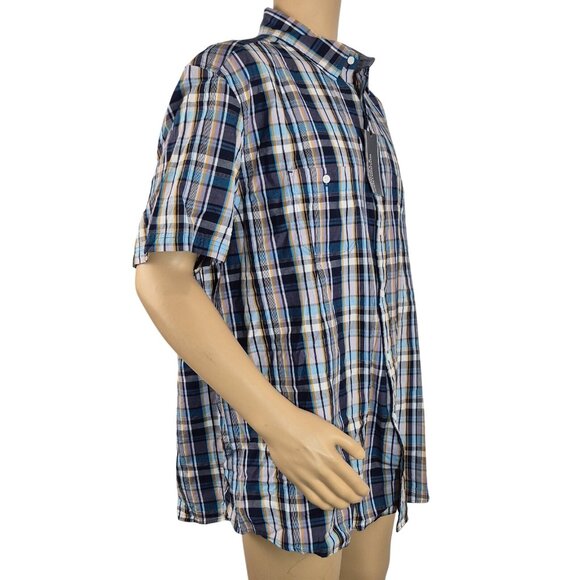 Roundtree Yorke Men's Size XL Short Sleeve  Button Up Deep Blue Plaid Shirt (12) - Picture 3 of 10